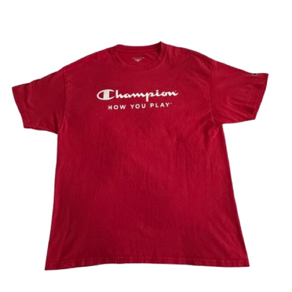Champion Men's XL Red With White Logo Cotton Crew Neck Short Sleeve T-Shirt Top - Picture 3 of 14